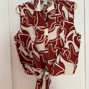 Rachel Zoe brown/White Abstract Button Shirt cute tie waist! Summer vacation